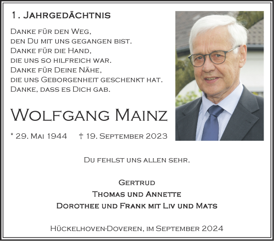 Traueranzeige von Wolfgang Mainz von Zeitung am Sonntag