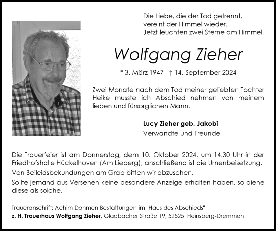 Traueranzeige von Wolfgang Zieher von Zeitung am Sonntag