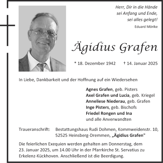 Traueranzeige von Ägidius Grafen von Zeitung am Sonntag