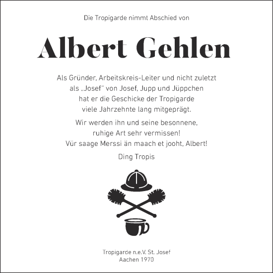 Traueranzeige von Albert Gehlen von Aachener Zeitung
