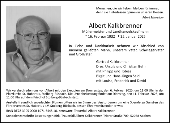 Traueranzeige von Albert Kalkbrenner von Aachener Zeitung
