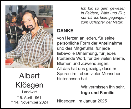 Traueranzeige von Albert Klösgen von Zeitung am Sonntag