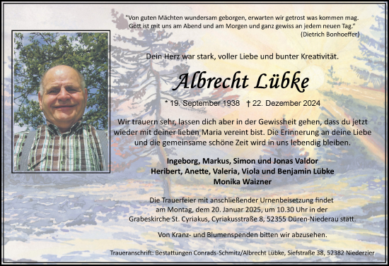 Traueranzeige von Albrecht Lübke von Zeitung am Sonntag