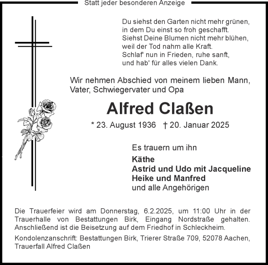 Traueranzeige von Alfred Claßen von Aachener Zeitung