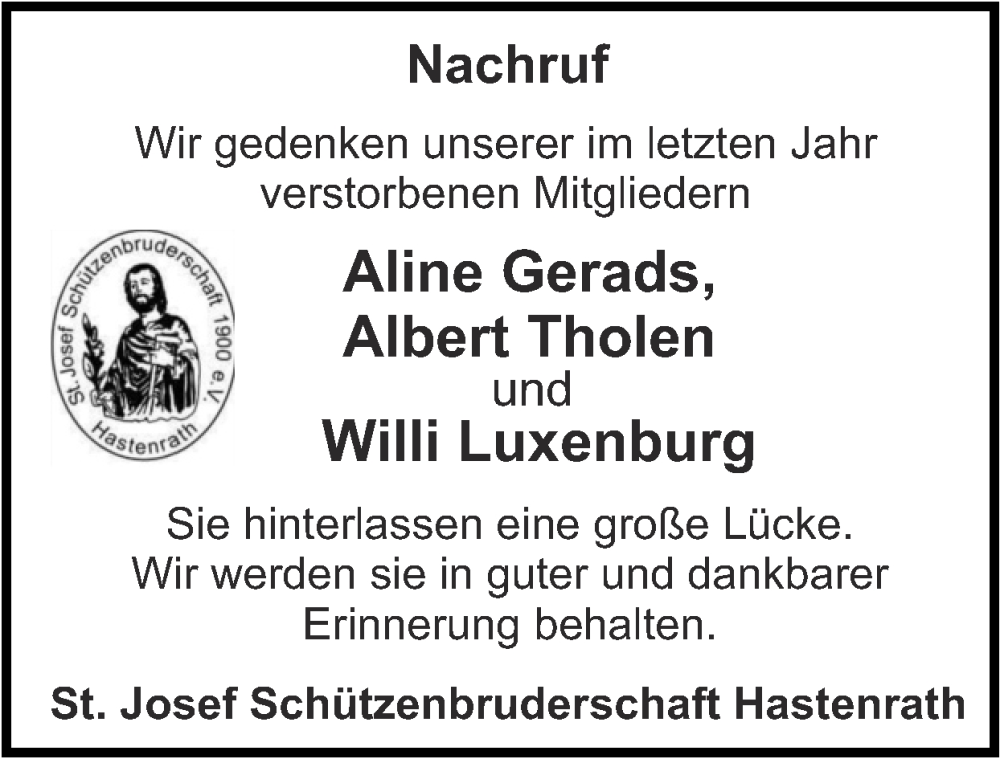  Traueranzeige für Aline Gerads vom 12.01.2025 aus Zeitung am Sonntag