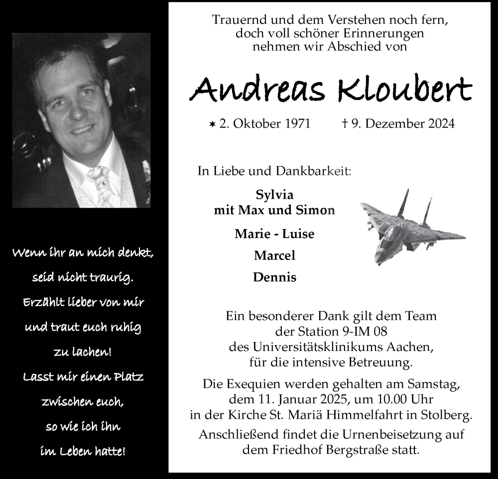  Traueranzeige für Andreas Kloubert vom 05.01.2025 aus Zeitung am Sonntag