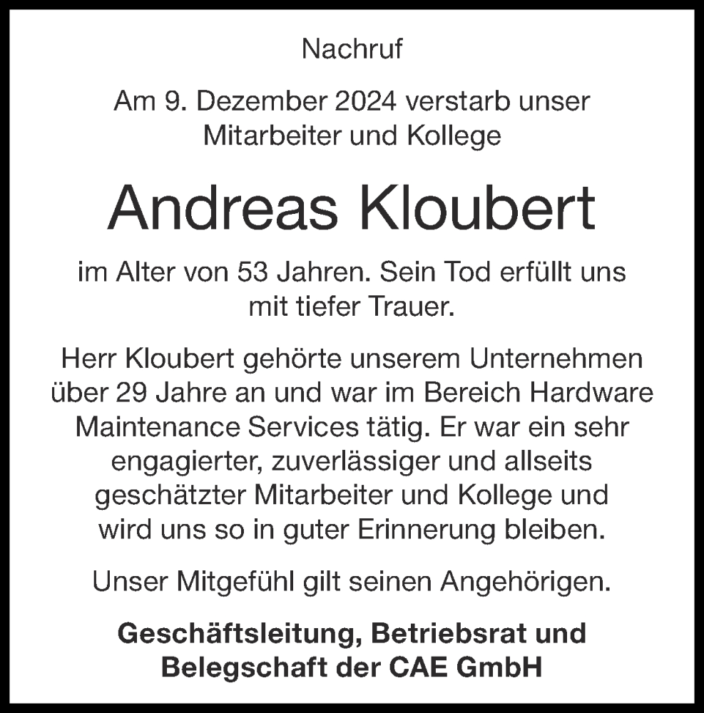  Traueranzeige für Andreas Kloubert vom 12.01.2025 aus Zeitung am Sonntag
