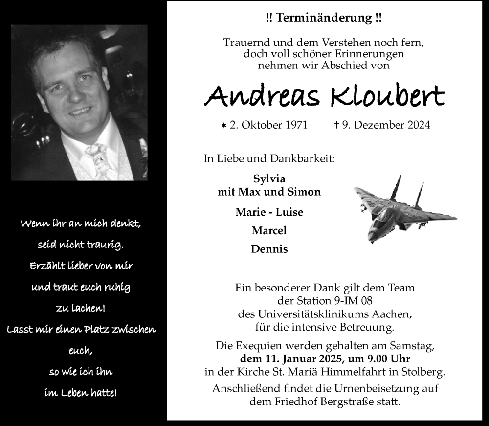  Traueranzeige für Andreas Kloubert vom 04.01.2025 aus Aachener Zeitung