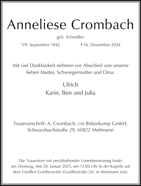 Traueranzeige von Anneliese Crombach von Aachener Zeitung