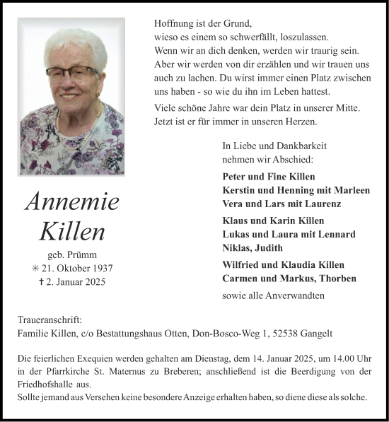 Traueranzeige von Annemie Killen von Zeitung am Sonntag
