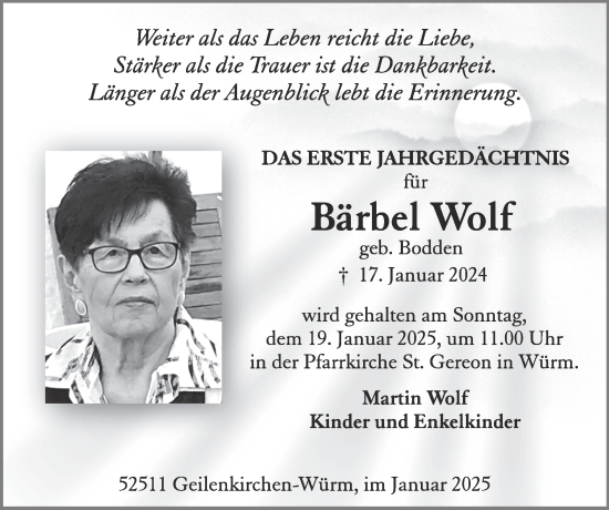 Traueranzeige von Bärbel Wolf von Zeitung am Sonntag