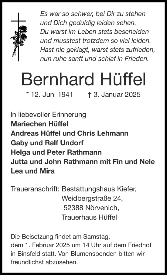Traueranzeige von Bernhard Hüffel von Zeitung am Sonntag