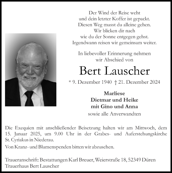 Traueranzeige von Bert Lauscher von Zeitung am Sonntag