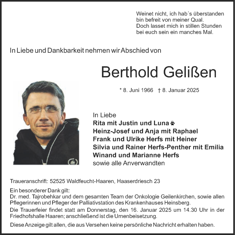  Traueranzeige für Berthold Gelißen vom 12.01.2025 aus Zeitung am Sonntag