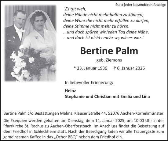 Traueranzeige von Bertine Palm von Zeitung am Sonntag