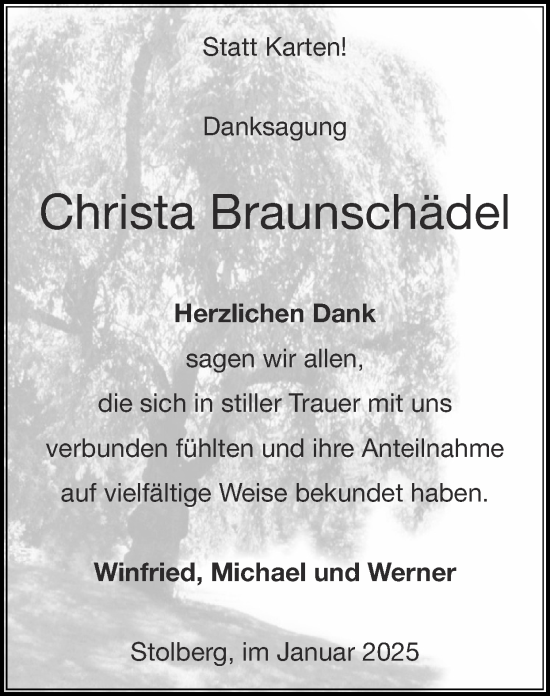 Traueranzeige von Christa Braunschädel von Zeitung am Sonntag
