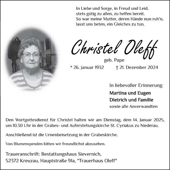 Traueranzeige von Christel Oleff von Zeitung am Sonntag