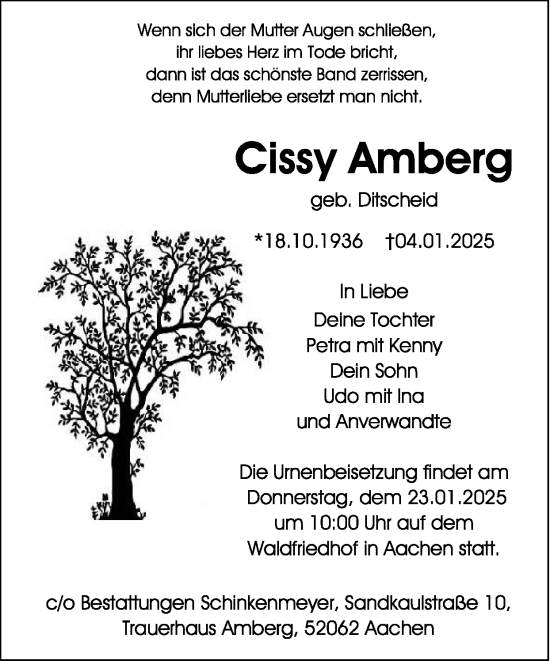 Traueranzeige von Cissy Amberg von Zeitung am Sonntag