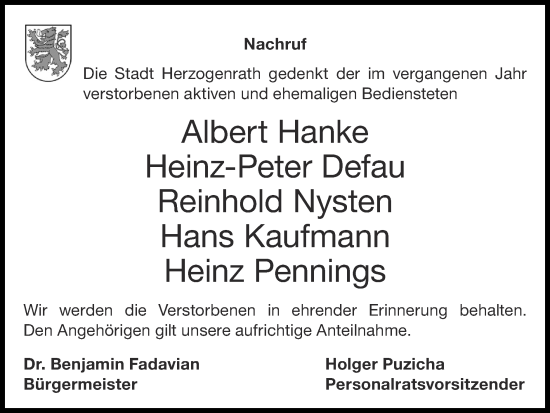Traueranzeige von Die Stadt Herzogenrath gedenkt der im vergangenen Jahr verstorbenen aktiven und ehemaligen Bediensteten  von Zeitung am Sonntag