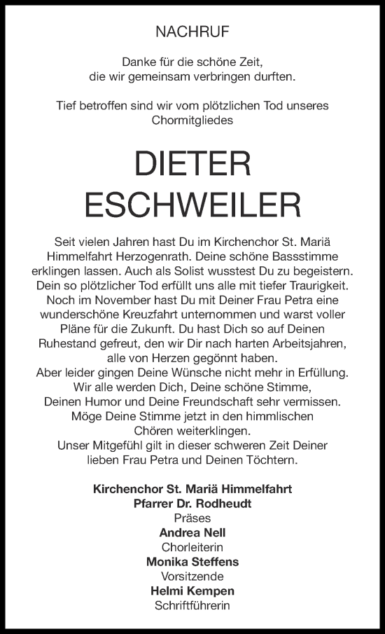 Traueranzeige von Dieter Eschweiler von Zeitung am Sonntag