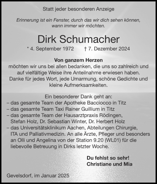 Traueranzeige von Dirk Schumacher von Zeitung am Sonntag