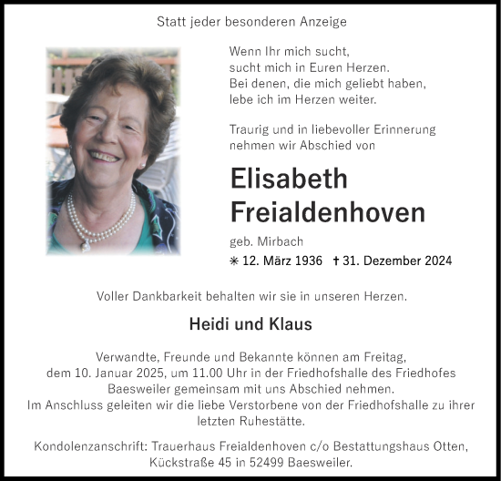 Traueranzeige von Elisabeth Freialdenhoven von Zeitung am Sonntag