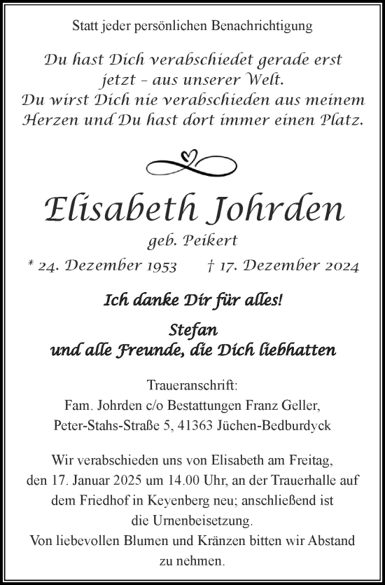 Traueranzeige von Elisabeth Johrden von Zeitung am Sonntag