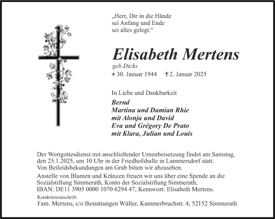 Traueranzeige von Elisabeth Mertens von Aachener Zeitung