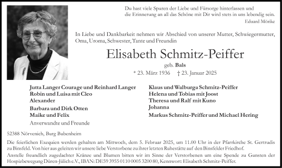 Traueranzeige von Elisabeth Schmitz-Peiffer von Aachener Zeitung