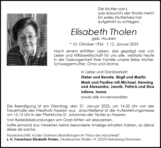 Traueranzeige von Elisabeth Tholen von Zeitung am Sonntag