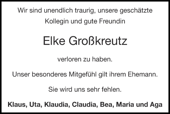 Traueranzeige von Elke Großkreutz von Zeitung am Sonntag
