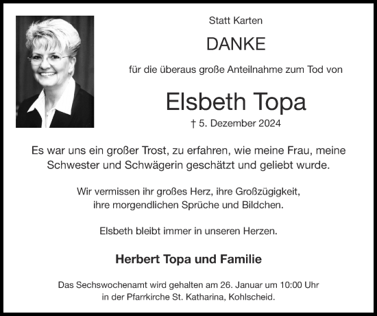 Traueranzeige von Elsbeth Topa von Zeitung am Sonntag