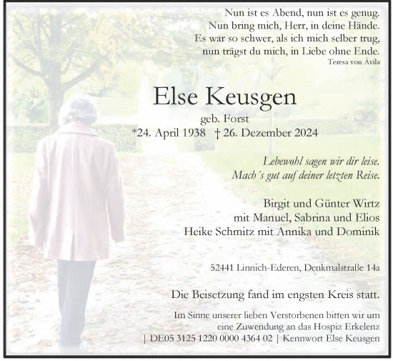 Traueranzeige von Else Keusgen von Zeitung am Sonntag