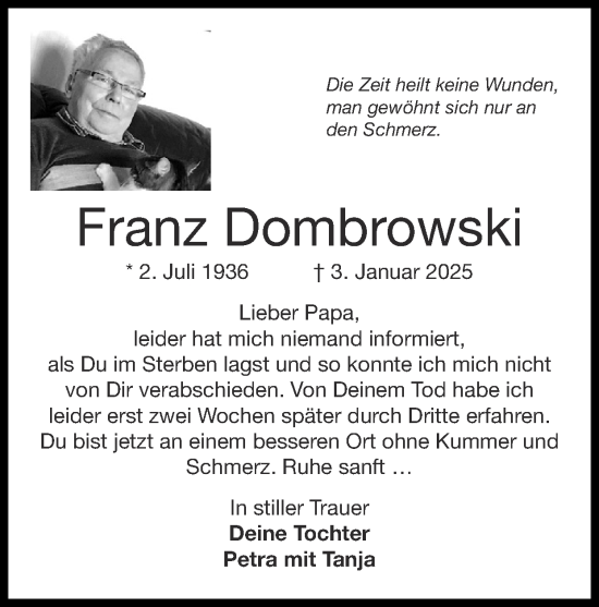 Traueranzeige von Franz Dombrowski von Zeitung am Sonntag