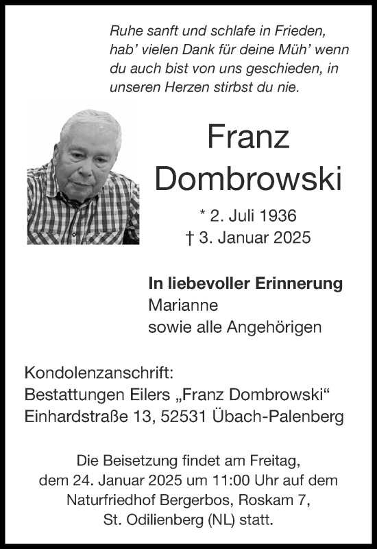 Traueranzeige von Franz Dombrowski von Zeitung am Sonntag