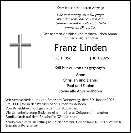 Traueranzeige von Franz Linden von Aachener Zeitung