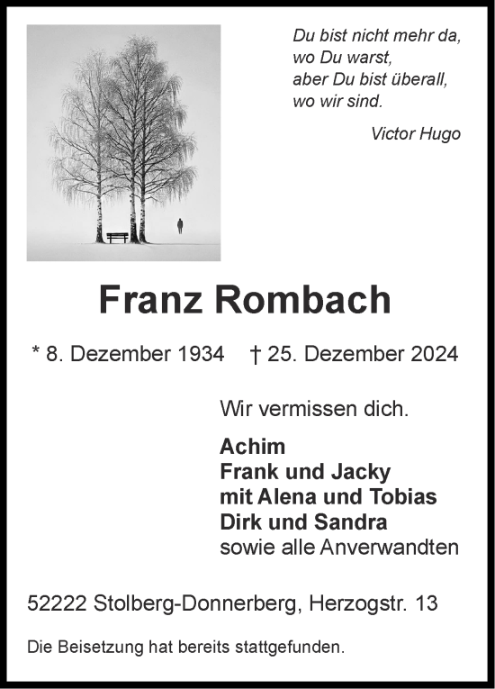 Traueranzeige von Franz Rombach von Zeitung am Sonntag