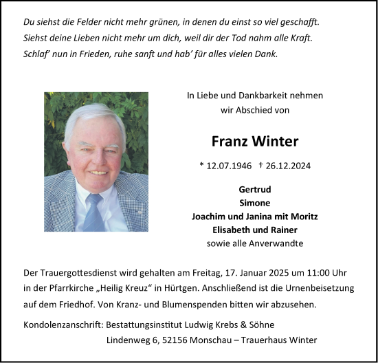 Traueranzeige von Franz Winter von Aachener Zeitung