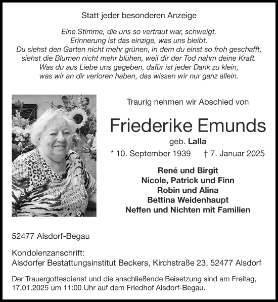 Traueranzeige von Friederike Emunds von Zeitung am Sonntag