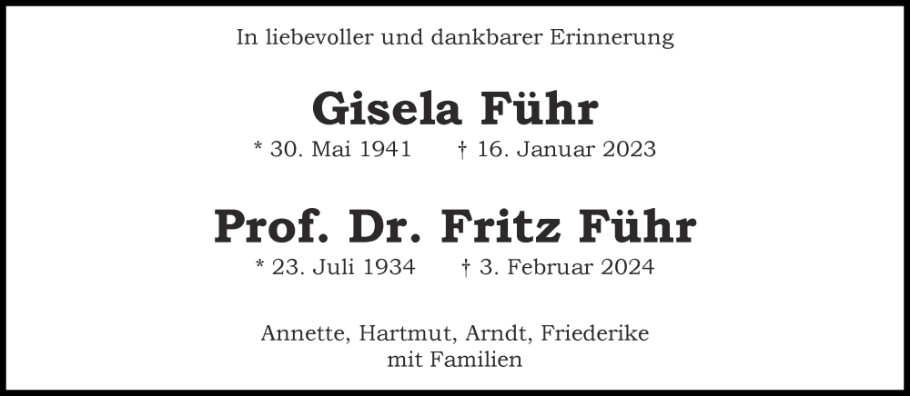  Traueranzeige für Fritz Führ vom 19.01.2025 aus Zeitung am Sonntag