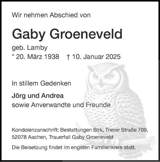 Traueranzeige von Gaby Groeneveld von Zeitung am Sonntag