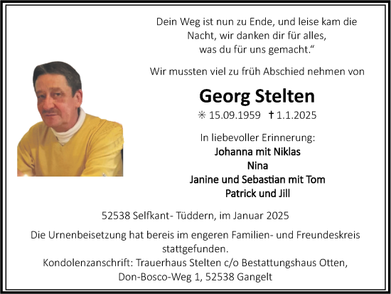 Traueranzeige von Georg Stelten von Zeitung am Sonntag