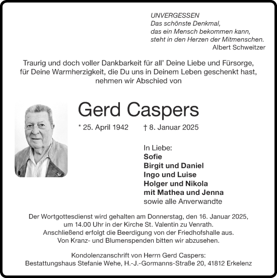 Traueranzeige von Gerd Caspers von Zeitung am Sonntag