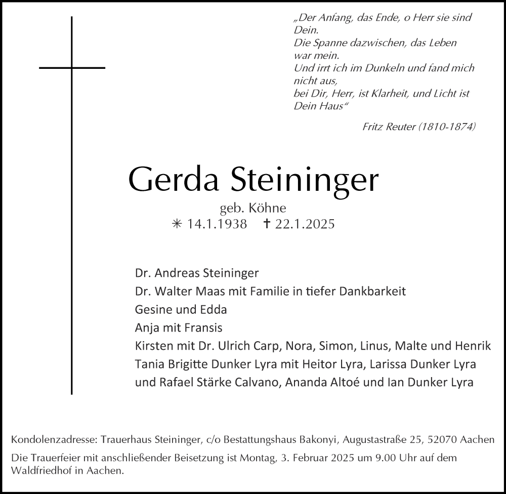  Traueranzeige für Gerda Steininger vom 25.01.2025 aus Aachener Zeitung