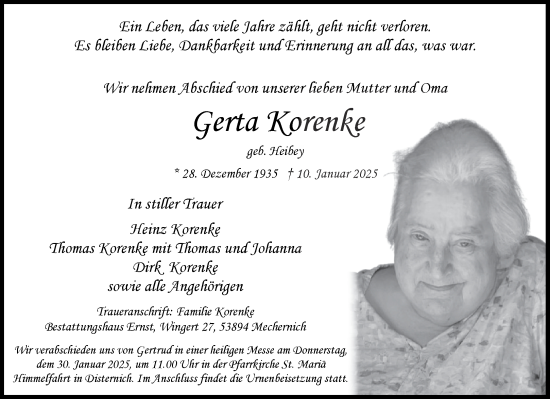 Traueranzeige von Gerta Korenke von Aachener Zeitung