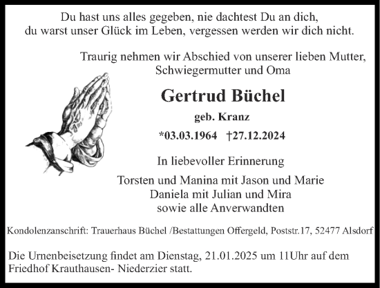 Traueranzeige von Gertrud Büchel von Zeitung am Sonntag
