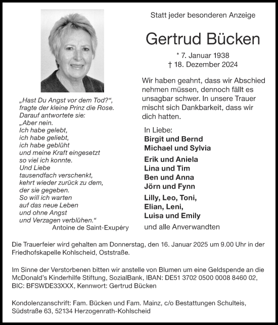 Traueranzeige von Gertrud Bücken von Zeitung am Sonntag