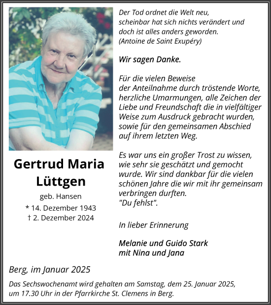 Traueranzeige von Gertrud Maria Lüttgen von Zeitung am Sonntag