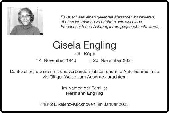 Traueranzeige von Gisela Engling von Zeitung am Sonntag