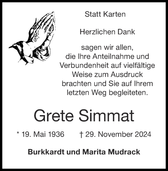 Traueranzeige von Grete Simmat von Zeitung am Sonntag